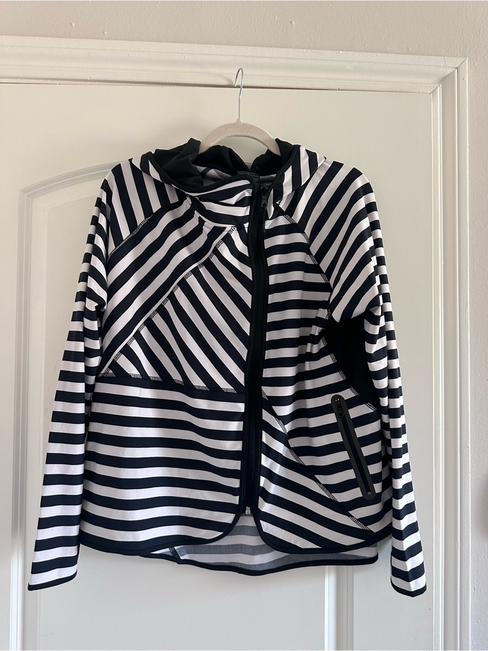 Lukka Lux Black & White Striped Asymmteical Hooded Jacket - Women's